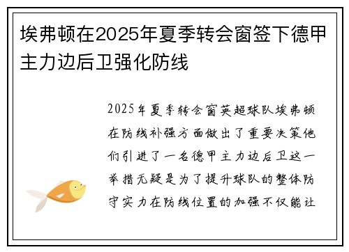 埃弗顿在2025年夏季转会窗签下德甲主力边后卫强化防线 埃弗顿在2025年夏季转会窗签下德甲主力边后卫强化防线